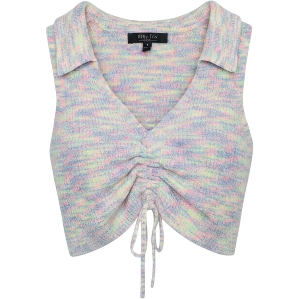Crop Knit Top Vest Pastel Rainbow Drawstring Collar S Light‎ Academia Whimsical
